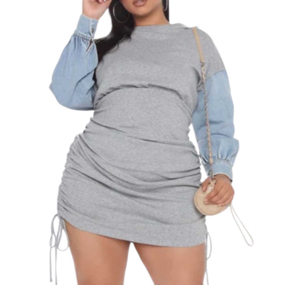 Fashion Nova Dress Grey/combo.Mini DressLong SleeveDenim SleevesRuche
